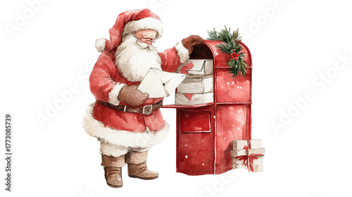Watercolor Santa with red mailbox and Christmas letters illustration transparent background