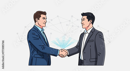 Two diverse businessmen shake hands, symbolizing partnership and agreement against a background network