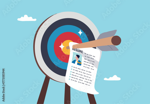 Recruitment target, choosing best candidate to fill in job vacancy, HR Human Resources find perfect talent for interview concept, archer bow hit on bullseye target with chosen candidate resume paper.