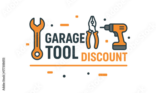 Flat vector banner design text GARAGE TOOL DISCOUNT supporting icons of wrench pliers and drill orange and gray palette isolated on white marketing approved bright palette with balanced
