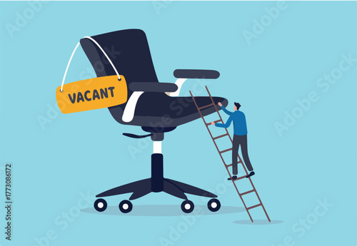 Candidate searching for job, career path or job promotion to be management, ladder of work success concept, ambitious businessman worker climbing the ladder to management office chair with vacant sign