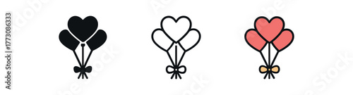 romantic balloon bouquet icon on white background Black silhouette flat icon outline icon and colored icon style. 1x3 grid. three minimal vector icon style. centered composition clear white