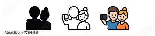 sweet couple selfie icon on white background Black silhouette flat icon outline icon and colored icon style. 1x3 grid. three minimal vector icon style. centered composition clear white