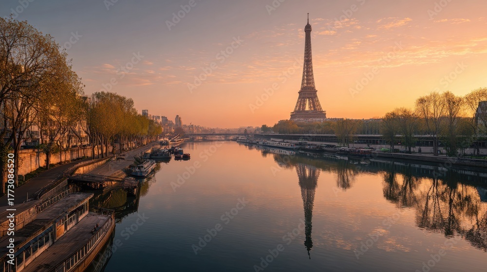 Naklejka premium Seine in Paris with Eiffel tower in morning time, no logos, no brands