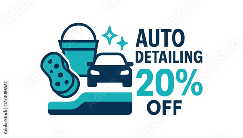 Flat vector banner design text AUTO DETAILING 20% OFF supporting icons of sponge bucket and sparkle cyan and navy tones