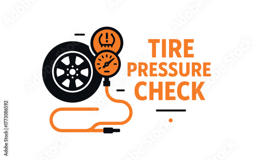 Flat vector banner design text TIRE PRESSURE CHECK supporting icons of tire gauge and air hose black and orange tones