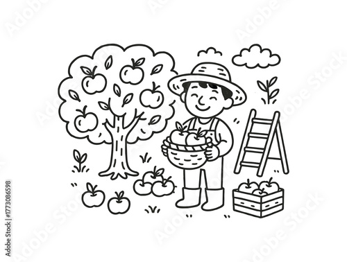 hand drawn cute doodle style fruit orchard grower vector line illustration line isolated on white background