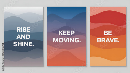 Three vibrant posters encourage resilience and positivity with layered waves and motivational messages