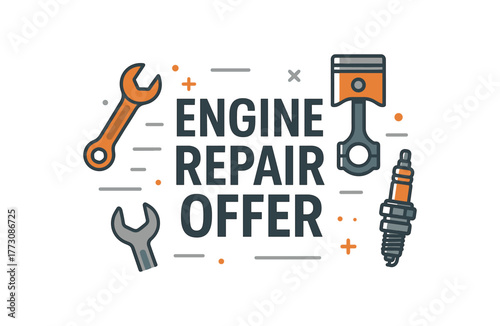 Flat vector banner design text ENGINE REPAIR OFFER supporting icons of wrench piston and spark plug steel and orange tones