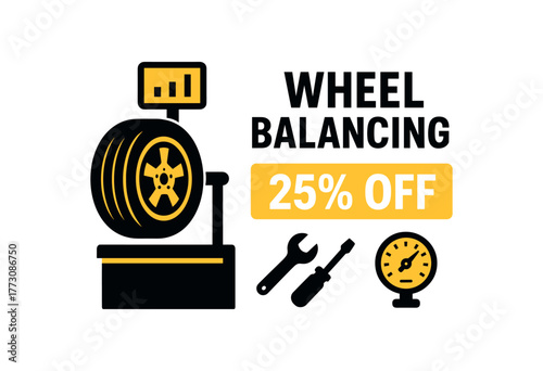 Flat vector banner design text WHEEL BALANCING 25% OFF supporting icons of tire wrench and gauge black and palette