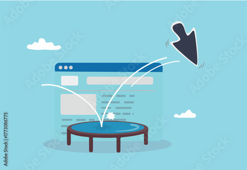 Website bounce rate, visitor click to see website and leave or exit, marketing or advertising analytics for SEO optimization concept, mouse pointer fall and bounce on trampoline on website page.
