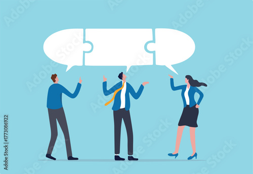 Compromise to get solution in business meeting, leadership to communicate and connect ideas in brainstorm session concept, smart business people team with connected jigsaw puzzle speech bubble.