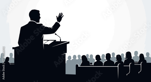 Monochromatic illustration of a speaker at a podium addressing an audience seated in rows