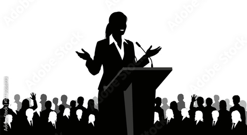 Silhouette of a woman speaking at a podium to an audience with some hands raised, black and white