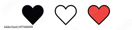 heart symbol icon on white background Black silhouette flat icon outline icon and colored icon style. 1x3 grid. three minimal vector icon style. centered composition clear white space