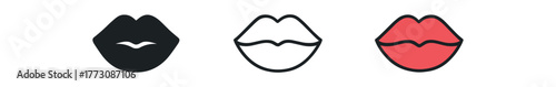 kissing lips icon on white background Black silhouette flat icon outline icon and colored icon style. 1x3 grid. three minimal vector icon style. centered composition clear white space