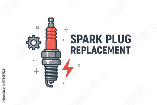 Flat vector banner design text SPARK PLUG REPLACEMENT supporting icons of plug gear and lightning bolt silver and red tones isolated on white marketing approved bright palette with balanced