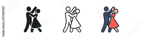 couple dancing icon on white background Black silhouette flat icon outline icon and colored icon style. 1x3 grid. three minimal vector icon style. centered composition clear white space