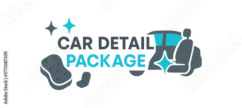 Flat vector banner design text DETAIL PACKAGE supporting icons of sponge sparkle and gray and cyan tones isolated on white marketing approved bright palette with balanced saturation clean