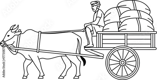 A farmer drives a cart pulled by oxen, carrying a load of goods.