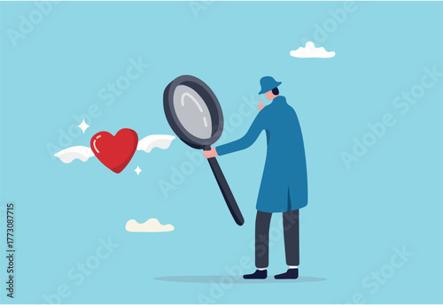 Find your passion, discover, search for happy career, job or purpose, motivation or inspiration to success, happiness or opportunity concept, detective look magnifying glass with heart shape passion.