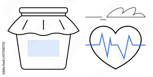 Glass jar with lid beside heart icon with heartbeat line. Ideal for health, wellness, nutrition, organic products, fitness, sustainability, self-care. Simple flat metaphor