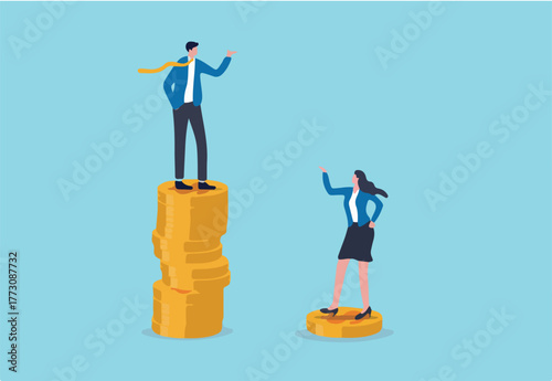 Gender pay gap, inequality between man and woman wage, salary or income, issue about gender diversification concept, businessman standing on much more paid money coins, woman on less small income coin