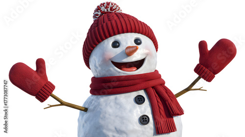 Cheerful snowman wearing a red knitted hat and scarf with red mittens arms outstretched isolated on transparent background