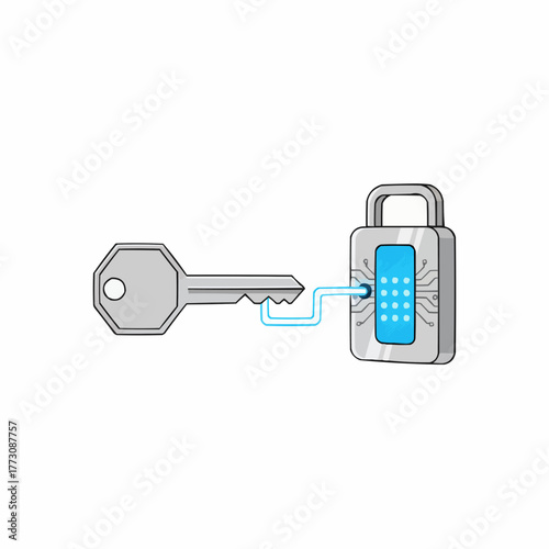 Digital key unlocking a smart padlock with circuit board elements and numeric keypad