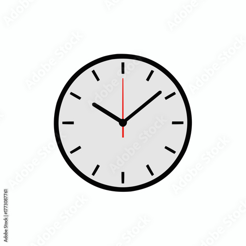 Simple modern analog clock face with black hands and red second hand on a light gray background