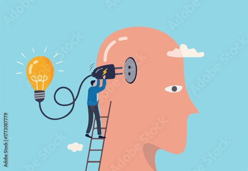 Creativity and idea thinking, brainstorm for solution, imagination or innovation to create new idea concept, smart businessman climb up ladder to plugin creative lightbulb into his brain head. 