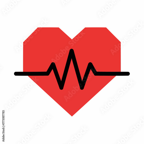 Red heart symbol with a black electrocardiogram line representing a healthy heartbeat and vital signs