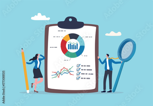 Business report, data diagram and chart, statistics or analytics, data analysis summary or performance, market research concept, business people with magnifying glass hold clipboard with report graph.