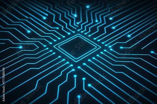 Neon blue circuit board lines glowing on dark tech background futuristic digital network