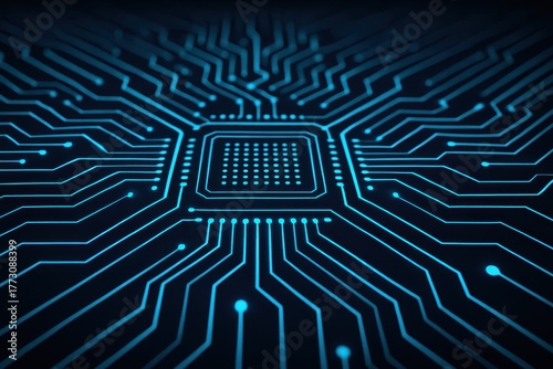 Neon blue circuit board lines glowing on dark tech background futuristic digital network