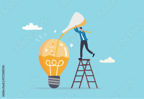 Perfectionist, too much attention to details, high standard goal, focus on perfect result concept, perfectionist businessman with magnifying glass looking at every details of lightbulb idea.