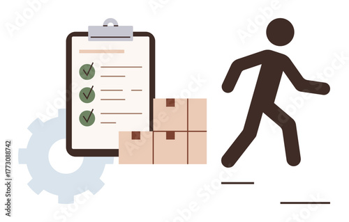 Checklist clipboard with green marks, gears, stacked boxes, and running figure conveying progress and efficiency. Ideal for logistics, organization, workflow, delivery, supply chain productivity