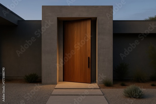 Minimal modern home entry with tall wooden pivot door and cast concrete facade