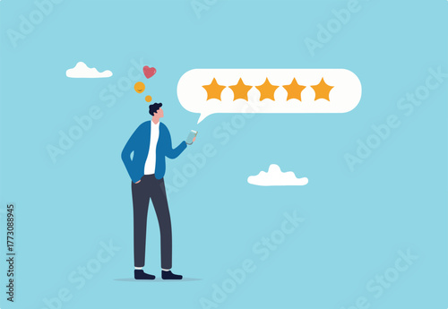Customer feedback from mobile application, rating or user experience, scoring and satisfaction, product quality and online survey concept, satisfied man holding mobile giving 5 stars rating feedback.