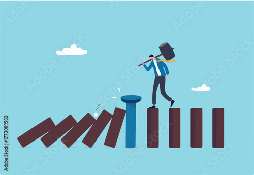 Business continuity and recovery, crisis management, proactive to protect disaster and risk, prevention or strategy to avoid danger concept, businessman put the nail to protect domino effect collapse.
