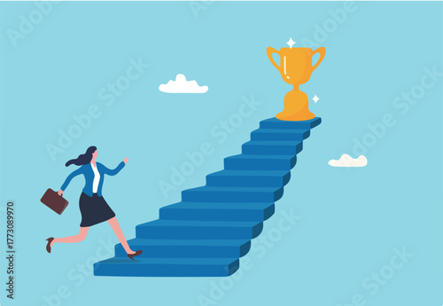 Woman success, step to achieve career success, motivation to grow career path, growth, climb up stair to reach goal, ambition concept, business woman run fast climb up stair to reach winning trophy.