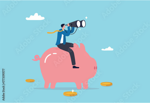 Financial future, discover investment opportunity, mutual fund or stock market pension fund, wealth management or savings concept, businessman riding piggybank look through binoculars to see future.
