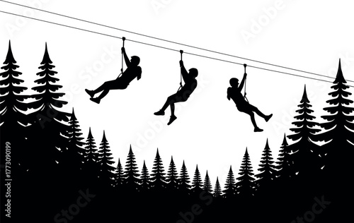 Silhouettes of people ziplining through a forest under a clear sky.