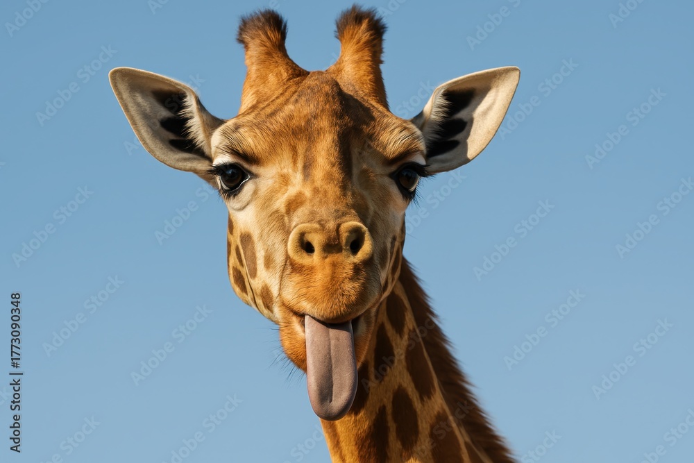 Naklejka premium Playful giraffe making a goofy face with long tongue against bright blue sky