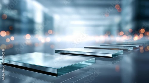 Wallpaper Mural A series of clear glass sheets are displayed in a sleek, contemporary environment, illuminated by soft, out of focus lights. This abstract composition highlights technology and minimalism Torontodigital.ca