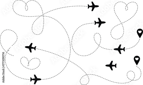 Airplane flight path with heart shapes, travel love concept, romantic aviation, location pins, dashed trails, flat vector illustration