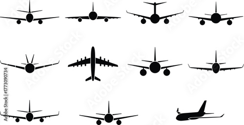 Airplane silhouette icon set, front view aircraft, jet plane vector, aviation graphic, black airplane shapes, flight illustration, flat vector illustration
