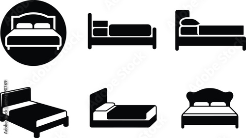 Bed icon silhouettes, modern sleep furniture, black and white bed designs, minimal bedroom symbols, hotel room icons, flat vector illustration