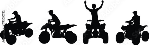 ATV rider silhouette bundle, off-road vehicle, adventure pose, extreme sport, outdoor motion, helmet gear, flat vector illustration