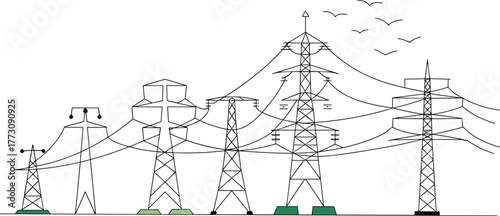 Electric transmission tower set, power line vector, pylon silhouette, energy infrastructure, high voltage grid, utility pole illustration, flat vector illustration